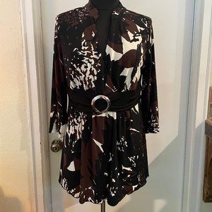 GNW V-Neck Black, Brown & White Print Top/Size L
